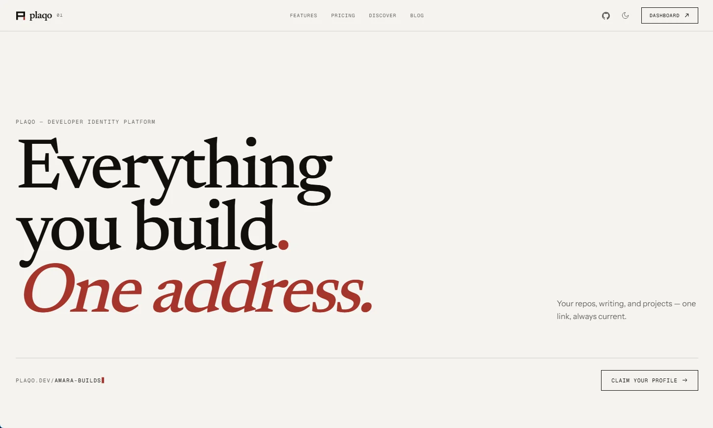 Plaqo — landing page: everything you build, one address
